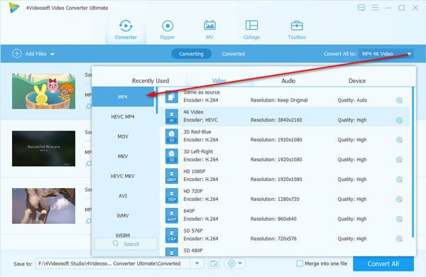 select mp4 for ts files