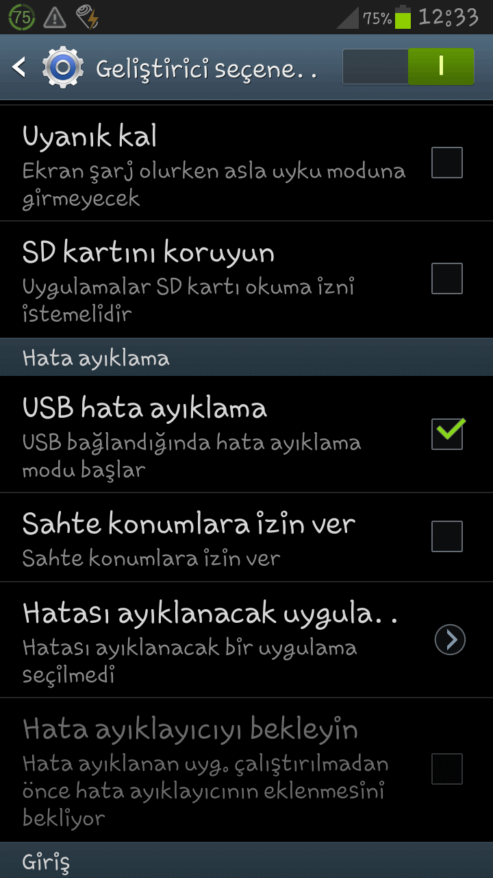 usb hata ayiklama modu