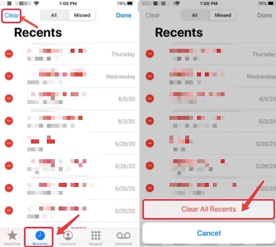 clear all recents iphone calls