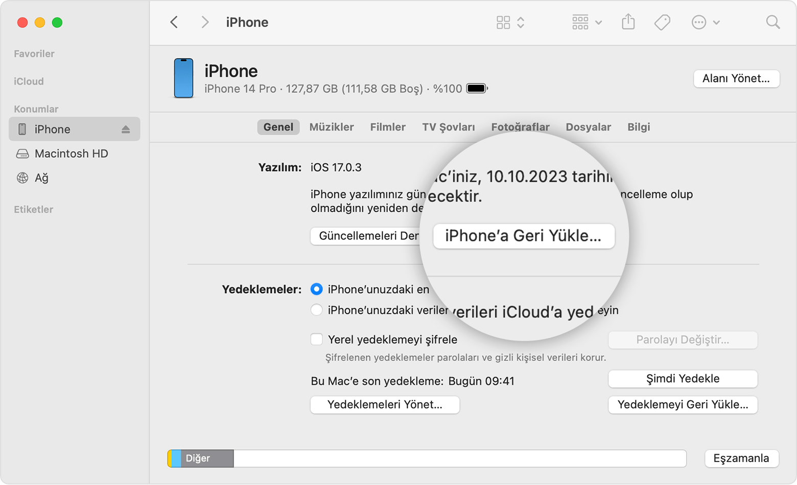macos ventura finder sync iphone general restore iphone button