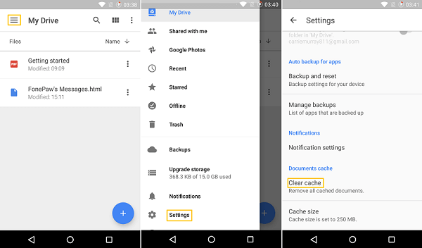 google drive clear cache and data