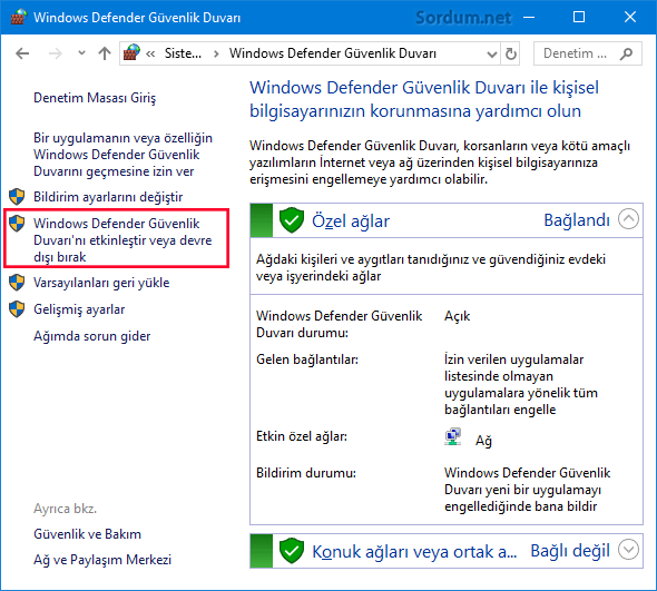 windows defender guvenlik duvari